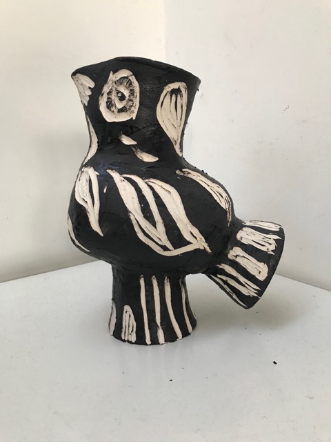 Lot 12 Susie Cousins		'Picasso style Owl' 	ceramic	28cm high	  reserve &pound;50   Susiecousinspottery.co.uk
