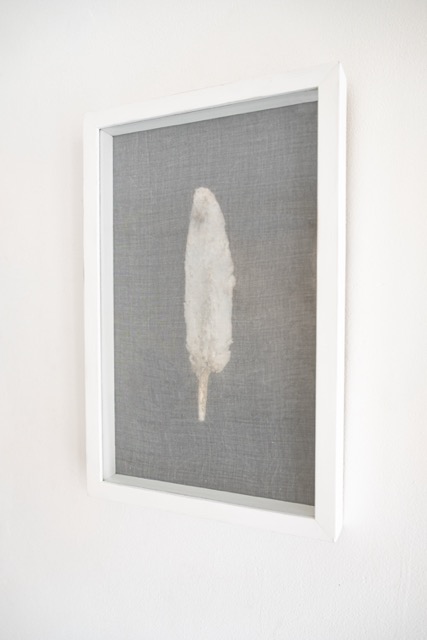 Lot 14  Jamie Mills 'Untitled (Crossing)'	scorched plaster, cotton scrim, wax, acrylic, silk	34x22cm (frame size)	 reserve &pound;80 jamiemills.co.uk