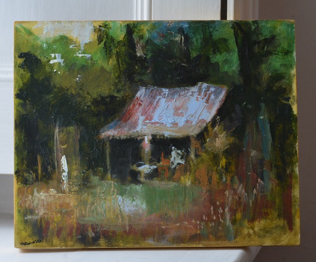 Lot 26  Tanya Krzywinska		'Shack'	Oil on board, unframed, but hangable	20x25cm	 reserve Zero. tanyakrzywinska.com