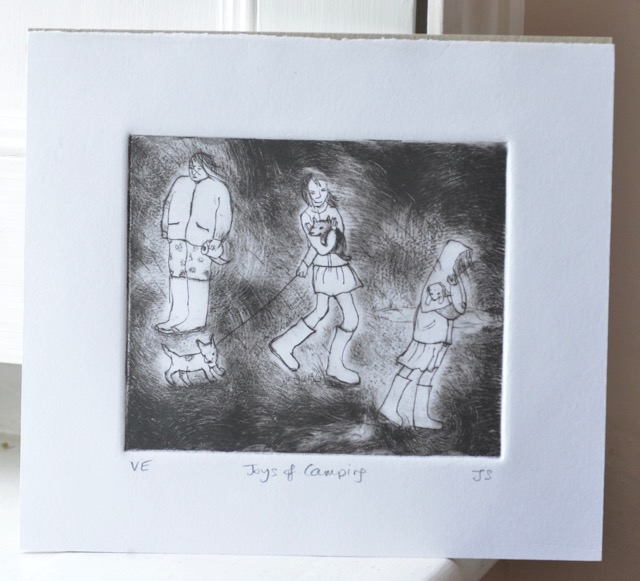 Lot 31  Janet Sainsbury	'Joys of Camping'	Drypoint print (one off)	23x20cm reserve 	&pound;50 @janetsainsbury