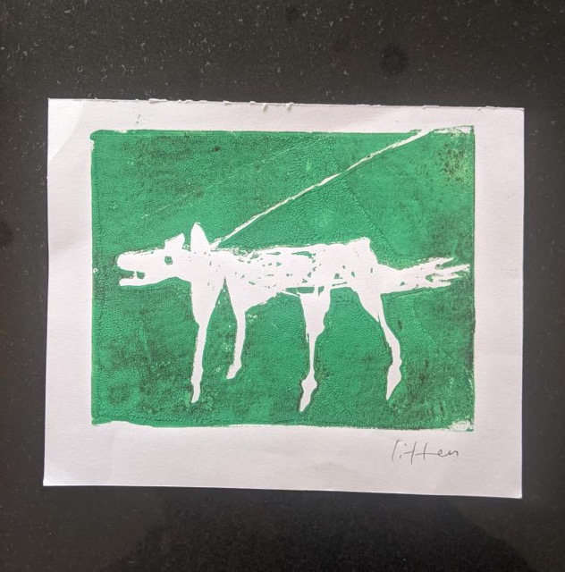 Lot 41 Andrew Litten		Dog on lead	woodcut print 1998	15x12cm	    reserve &pound;180.  @andrew_litten_artist