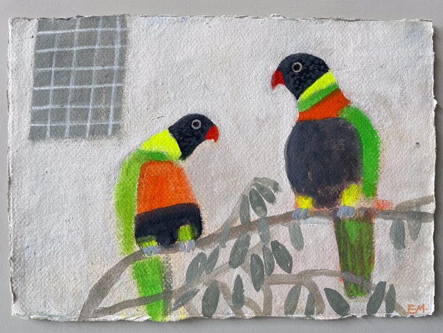 lot 68 Emma Mcclure www.emmamcclure.co.uk - Mitchell&rsquo;s Lorikeets at Paradise Park / mixed media on paper/ 21x30cm.  framed reserve &pound;200